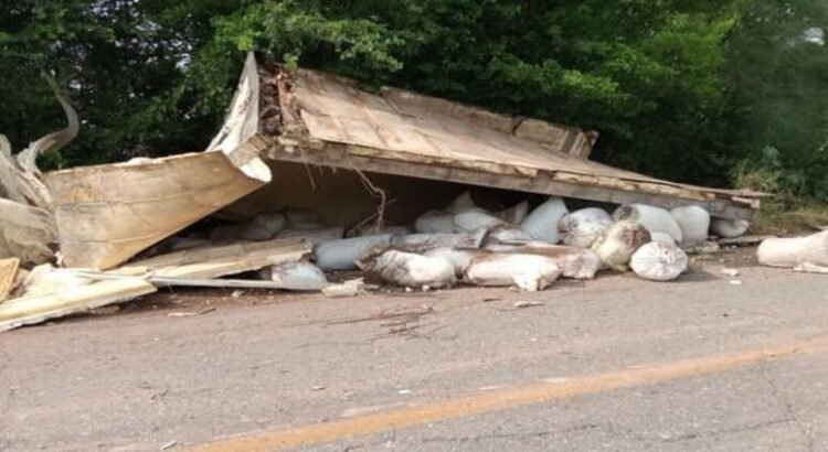 Tráiler con costales de hielo sufre volcadura en Batamote, Guasave